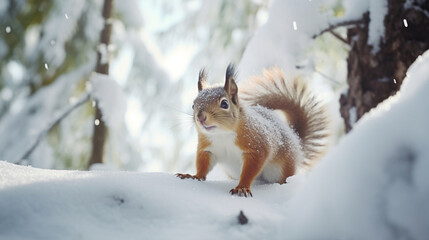 A squirrel in the forest in winter