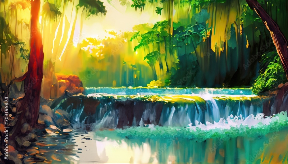 Wall mural waterfall green tropical forest nature blurred gold background - Wall murals