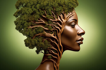 A 3d portrait presents a woman with a tree on her head, portraying a beautiful, elegant dryad or forest goddess. - obrazy, fototapety, plakaty