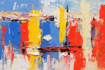 An abstract oil painting features bright brush strokes of red, yellow, and blue on a canvas.