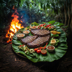 Three pieces of steaks served with sauces and spice beside a fire in a jungle