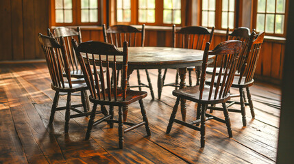 Fototapeta na wymiar old wooden table and chairs sit in a room with hardwood floors, bathed in warm sunlight coming through windows, creating a cozy, rustic setting
