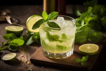 Fototapeta premium Delicious Moscow Mule Cocktail with Lime and Mint, Perfect for Copy Space and Advertisement