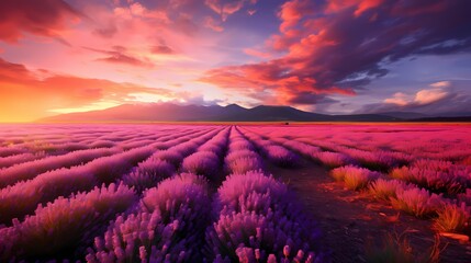 Fields of blooming lavender stretching towards the horizon under a vast sky painted with hues of...