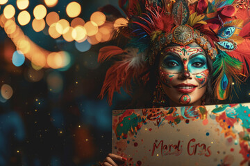 Mardi Gras concept image with woman at carnival holding Mardi Gras sign on shrove thursday holiday and copy space - obrazy, fototapety, plakaty