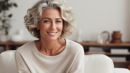 Mature woman smiling at home - obrazy, fototapety, plakaty
