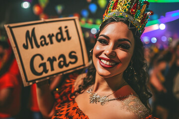 Mardi Gras concept image with woman at carnival holding Mardi Gras sign on shrove thursday holiday - obrazy, fototapety, plakaty