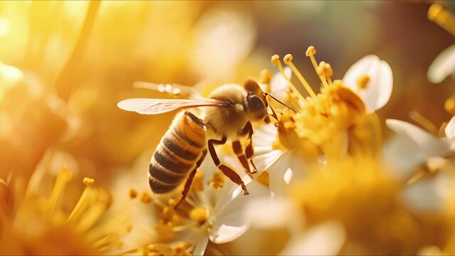Closeup of a bee collecting nectar from a flower, showcasing the intricate relationship between pollinators and plants.
