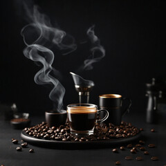 Coffee with smoke on a black background surrounded by coffee beans