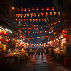 Fototapeta na wymiar Steet shop in china japan with hanging lamps above the street