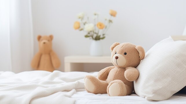 A cute teddy bear sits on a bed with a white pillow and blanket