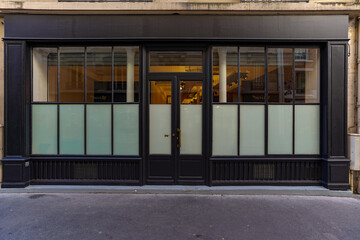 typical french boutique  facade, parisian black painted storefront template