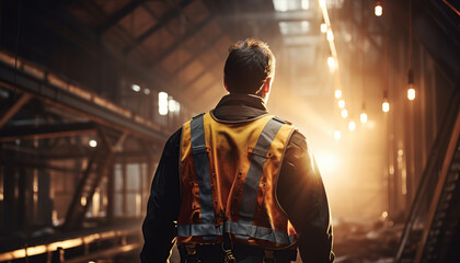 construction worker wearing safety harness