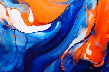 Dynamic swirls of cobalt blue and fiery orange colliding, creating a visually intense and powerful abstract canvas.