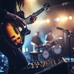 Obraz premium Close-up of a musician playing the guitar on stage