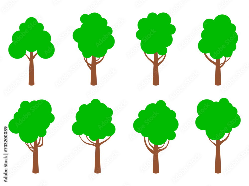 Wall mural trees icon set isolated on white background. collection of trees with green foliage in flat style. d
