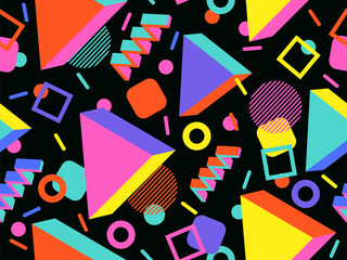 Memphis seamless pattern with 3d geometric shapes in 80s style. Colorful geometric pattern. Design of promotional products, wrapping paper and printing. Vector illustration