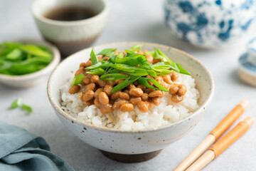 Rice with natto and green onions, japanese food, selective focus