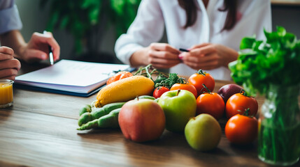 Nutritionist at a table with vegetables and fruits. Selective focus.