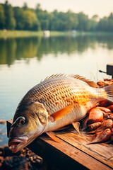 Fish on a board near the lake catch. Selective focus.