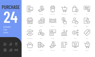 Purchase Line Editable Icons set. Vector illustration in modern thin line style of payment related icons: order, seller, buy online, price, and more. Isolated on white
