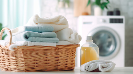 Fototapeta na wymiar washing towels and detergents in the bathroom. Selective focus.