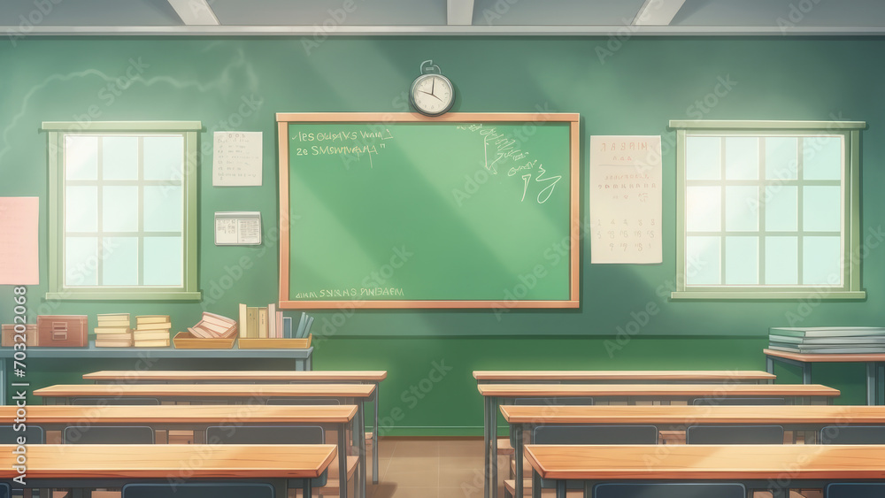 Wall mural Empty school classroom and green chalkboard with empty space. Cartoon or Japanese anime watercolor painting illustration style. - Wall murals