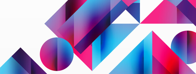 Geometric background with squares, triangles, circles. Shapes harmoniously interact, creating visually striking design for digital designs, presentations, website banners, social media posts