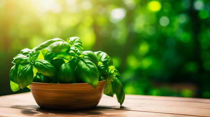 Basil harvest in a bowl on a garden background. Selective focus.