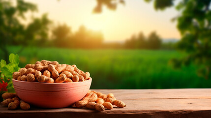 Peanuts in a bowl in the garden. Selective focus. - obrazy, fototapety, plakaty