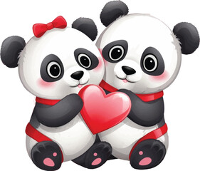 Obraz premium Two cute pandas, Valentine's Day illustration