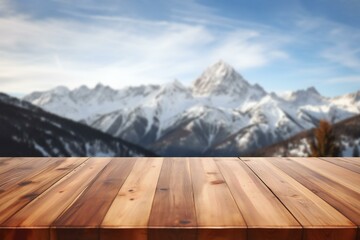 Empty wooden table with snow mountain background. Empty table for product display