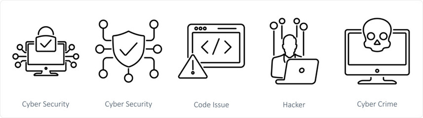 A set of 5 Cyber Security icons as cyber security, code issue, hacker - obrazy, fototapety, plakaty