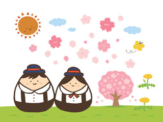 かわいい春の新入学生と太陽と桜とちょうちょうとタンポポの素材／手書きイラスト素材