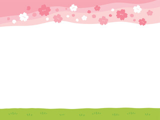 かわいい春の桜と野原のフレーム／手書きイラスト素材