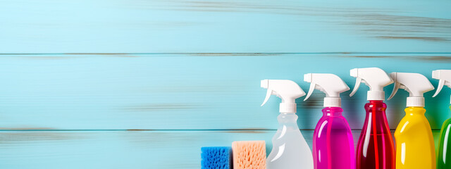 Array of colorful cleaning supplies on a blue wooden background. - obrazy, fototapety, plakaty