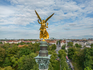 aerial golden peace angel Friedensengel in Muenchen City Statue Munich fountain - 703204676