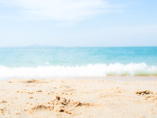 Travel Sea Nature Concept, Shore Sand Water Blue Ocean White Cloud Sky Background, View Calm Texture Wave Surface Beach with Horizon, Island Beautiful Landscape for Card Tourism Holiday Vacation Relax