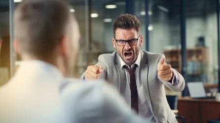 Angry yelling boss point arm to exit dismissing sad worker at office 
