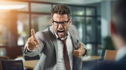 Fotobehang Angry yelling boss point arm to exit dismissing sad worker at office  © CStock