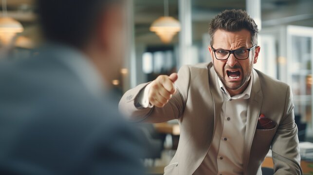 Angry yelling boss point arm to exit dismissing sad worker at office 