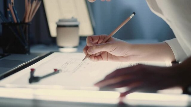 Professional Architect holding pencil working with laptop and blueprints for architectural plan. Closeup of engineer hand drawing on building blueprint with architectural equipment.
