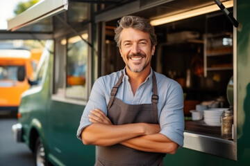 Portrait happy middle aged male smiling small business owner posing near his food truck - obrazy, fototapety, plakaty