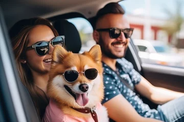 Poster Couple with their dog in sunglasses are sitting in the car and driving for the weekend for leisure or travel © ty