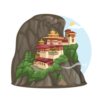 Taktsang Lhakhang or the Tiger&rsquo;s Nest Monastery On CliffSide Bhutan Illustration Vector