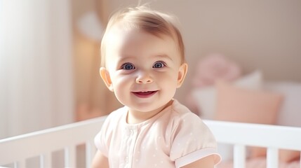 A cute little 1-2 year old baby with blonde hair is standing in a crib and laughing. Happy childhood. Kids's emotions