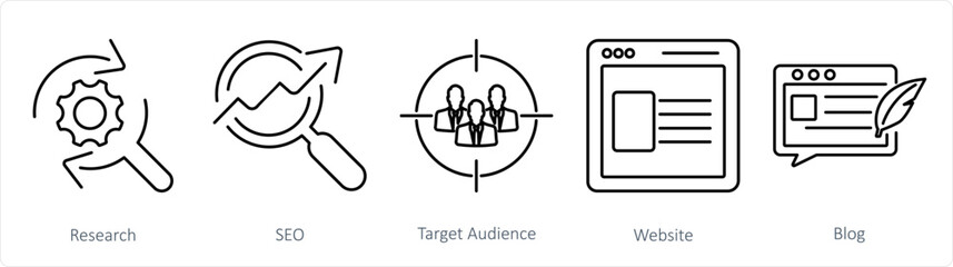 A set of 5 digital marketing icons as research, seo, target audience