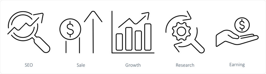 A set of 5 digital marketing icons as seo, sale, growth