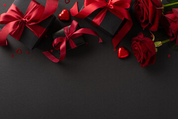 Opulent Valentine's Day Display. Top-view shot of exquisite chocolate treats, ribbon-wrapped gifts, deep-red roses, confetti on refined black backdrop, creating ideal canvas for text or promo content