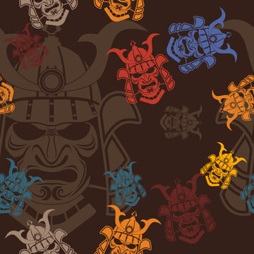 Editable Flat Style Samurai Ancient Japanese Warrior Face Mask Vector Illustration Seamless Pattern in Various Colors With Dark Background for Tourism Travel and Historical or Cultural Education